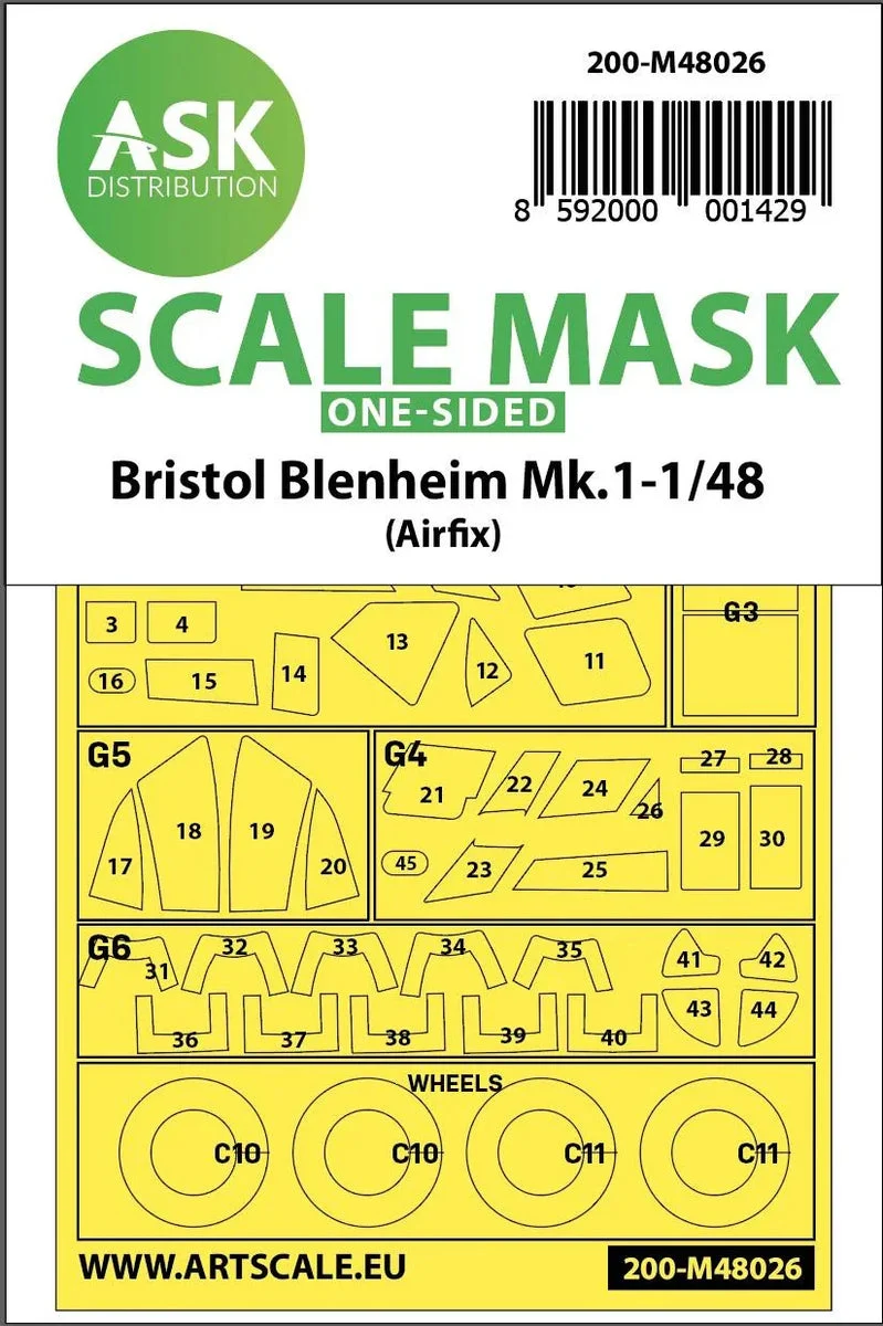 1/48 Art Scale Bristol Blenheim Mk.I One-Sided Painting Mask for Airfix 48026