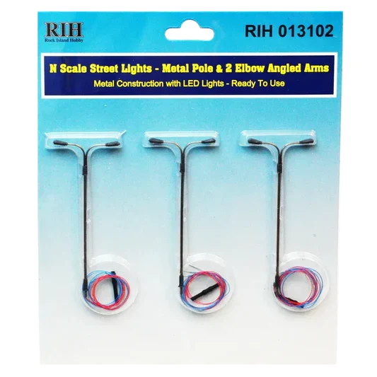 Rock Island Hobby RIH013102 N Scale Streetlights vertical pole and 2 elbow angled arms