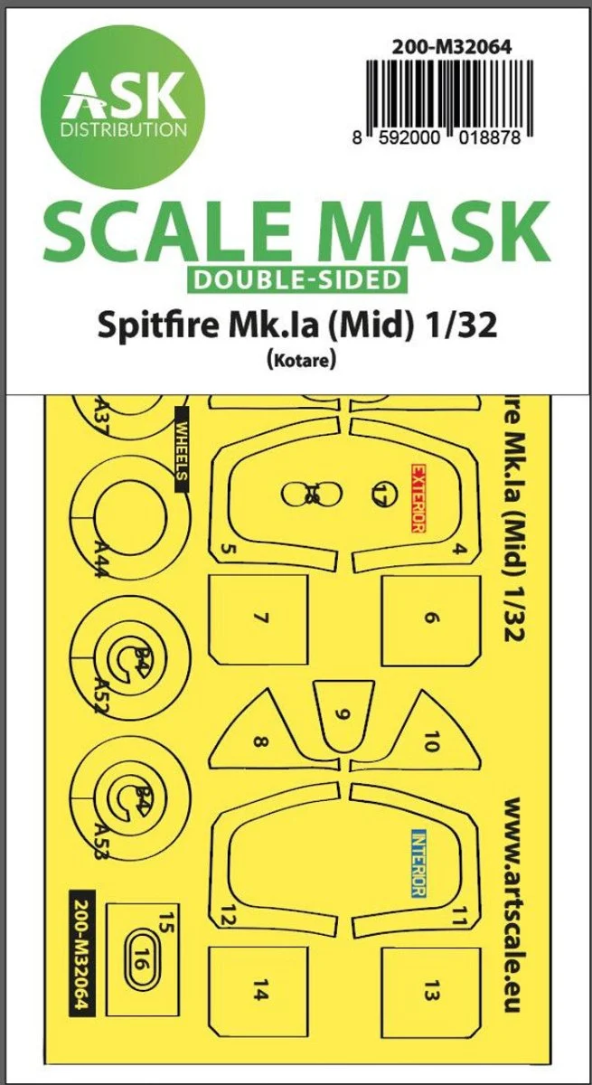 Art Scale 1/32 Art Scale Spitfire Mk.Ia (mid) double-sided express fit and self adhesive mask for Kotare