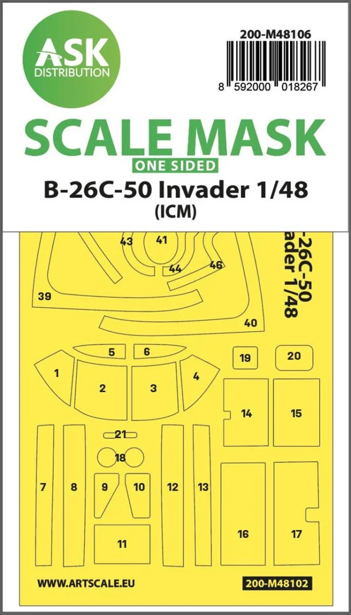 Art Scale 1/48 Art Scale B-26C-50 Invader one-sided mask self-adhesive pre-cutted for ICM
