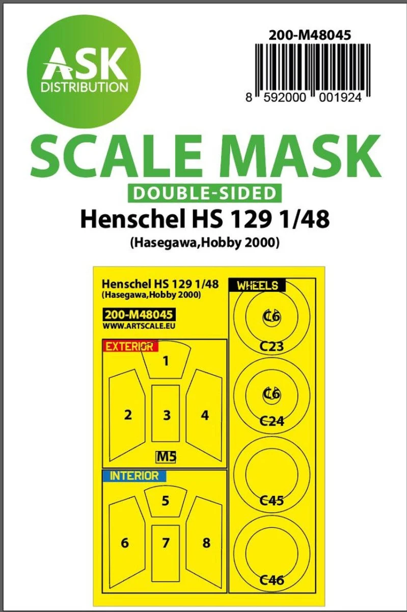 Art Scale 1/48 Art Scale Henschel Hs 129 double-sided painting mask for Hasegawa, Hobby2000