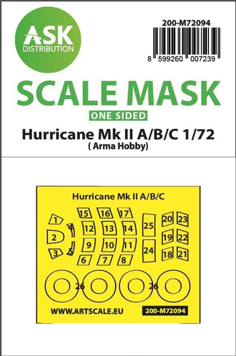 Art Scale 1/72 Art Scale Hawker Hurricane Mk.II A/B/C one-sided fit express mask for Arma Hobby