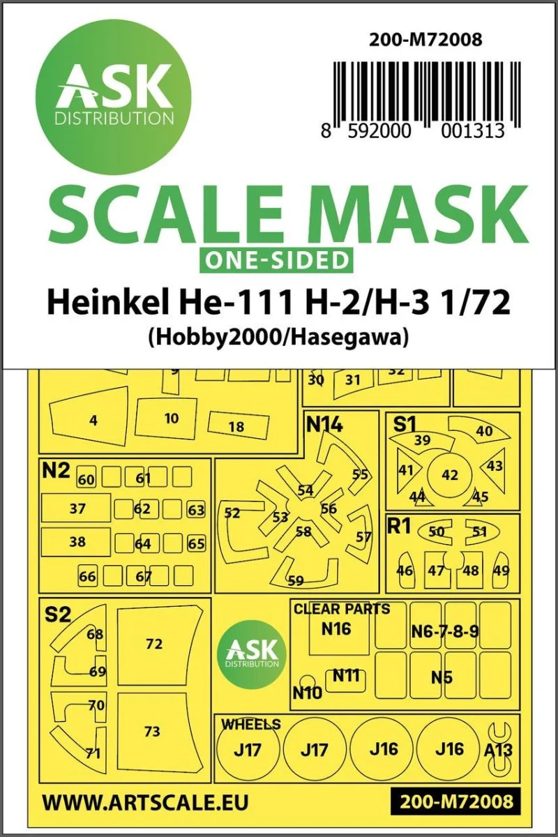 Art Scale 1/72 Art Scale Heinkel He 111H-2/H-3 one-sided painting mask for Hasegawa / Hobby2000