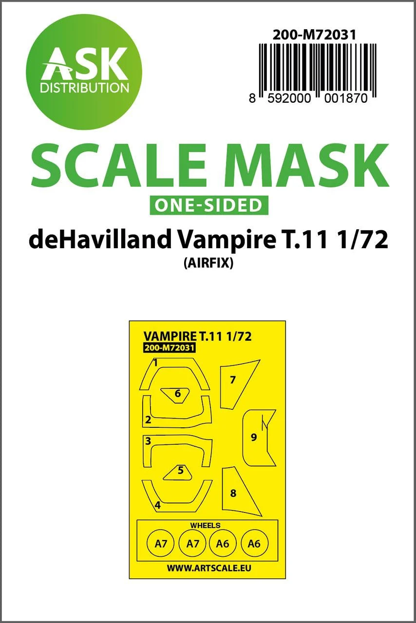 Art Scale 1/72 Art Scale deHavilland Vampire T.11 one-sided painting mask for Airfix