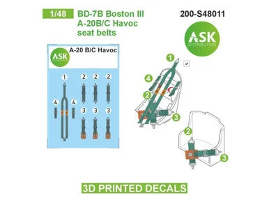 1/48 Art Scale BD-7B Boston III / A-20B/C Havoc seat belts - 3D 3Ded decals by ASK