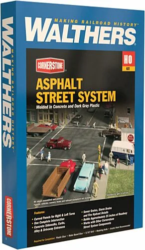 Walthers Cornerstone HO Scale Asphalt Street System Complete Set – Modular City Road Kit – 933-3194