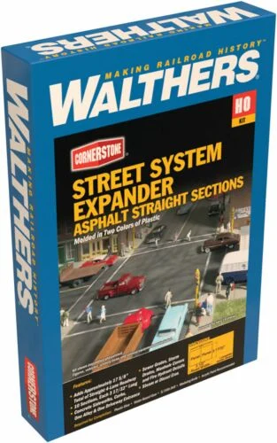 Walthers Cornerstone HO Scale Asphalt Street System Straight Sections with Accessories (10-Pack) – Modular Road Expansion Kit – 933-3195