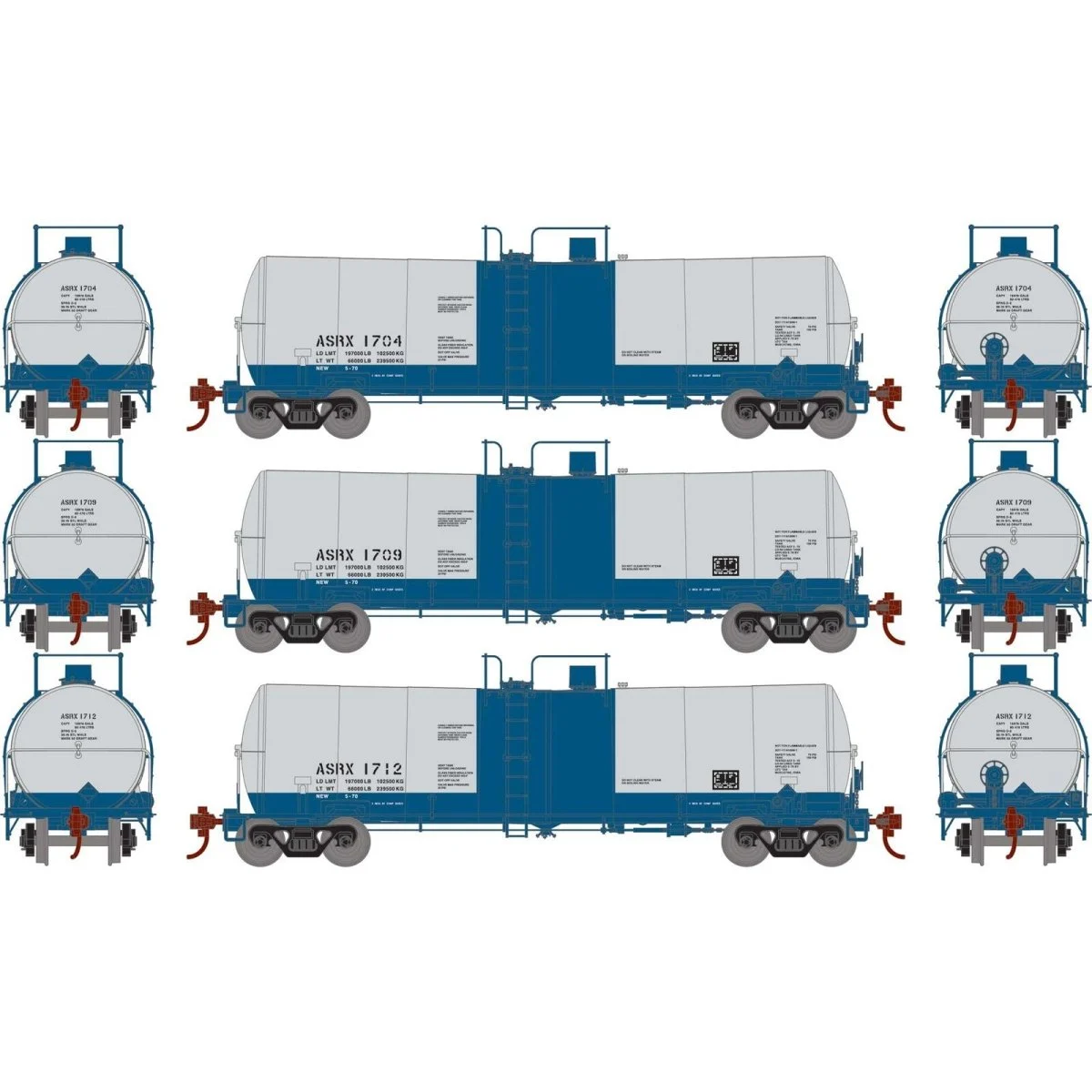 Athearn HO ASRX 16,000 Gallon Clay Tank Cars #1704 / #1709 / #1712 (3 Pack) | ATH16395