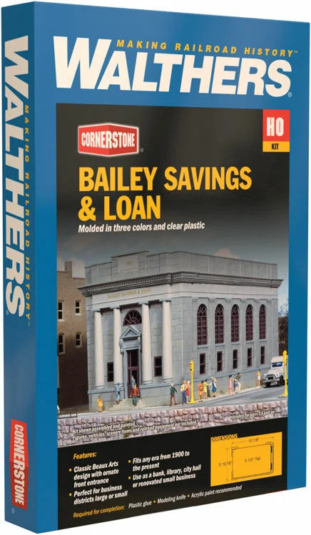 Walthers Cornerstone HO Scale Bailey Savings & Loan Kit – Classic Downtown Bank Building – 933-4116