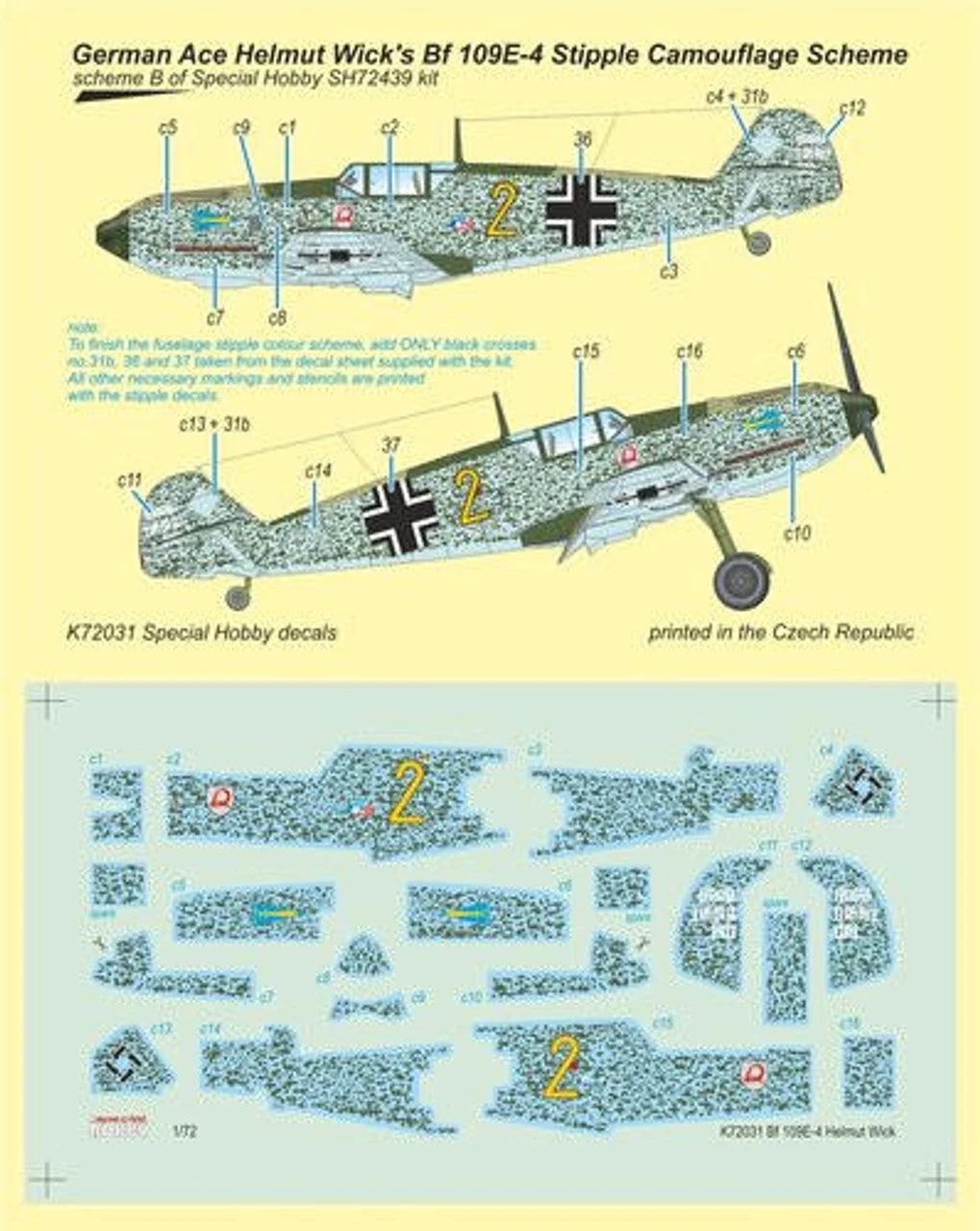 Special Hobby 1/72 Special Hobby Bf 109E-4 German Ace H. Wick Decal Motley Camo Decals