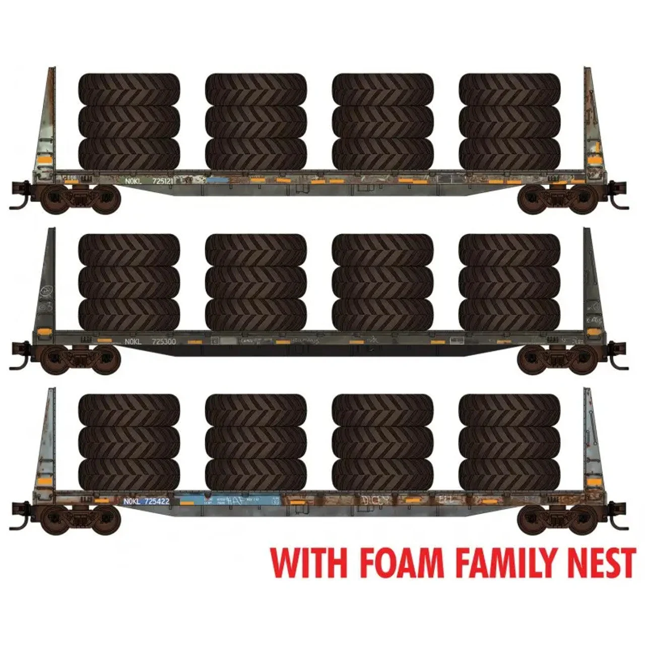 Micro Trains N Scale 61' Bulkhead Flat 3-pack Weathered w/tire load Northwestern Oklahoma Railroad NOKL 725121, 725300, 725422 Foam Case