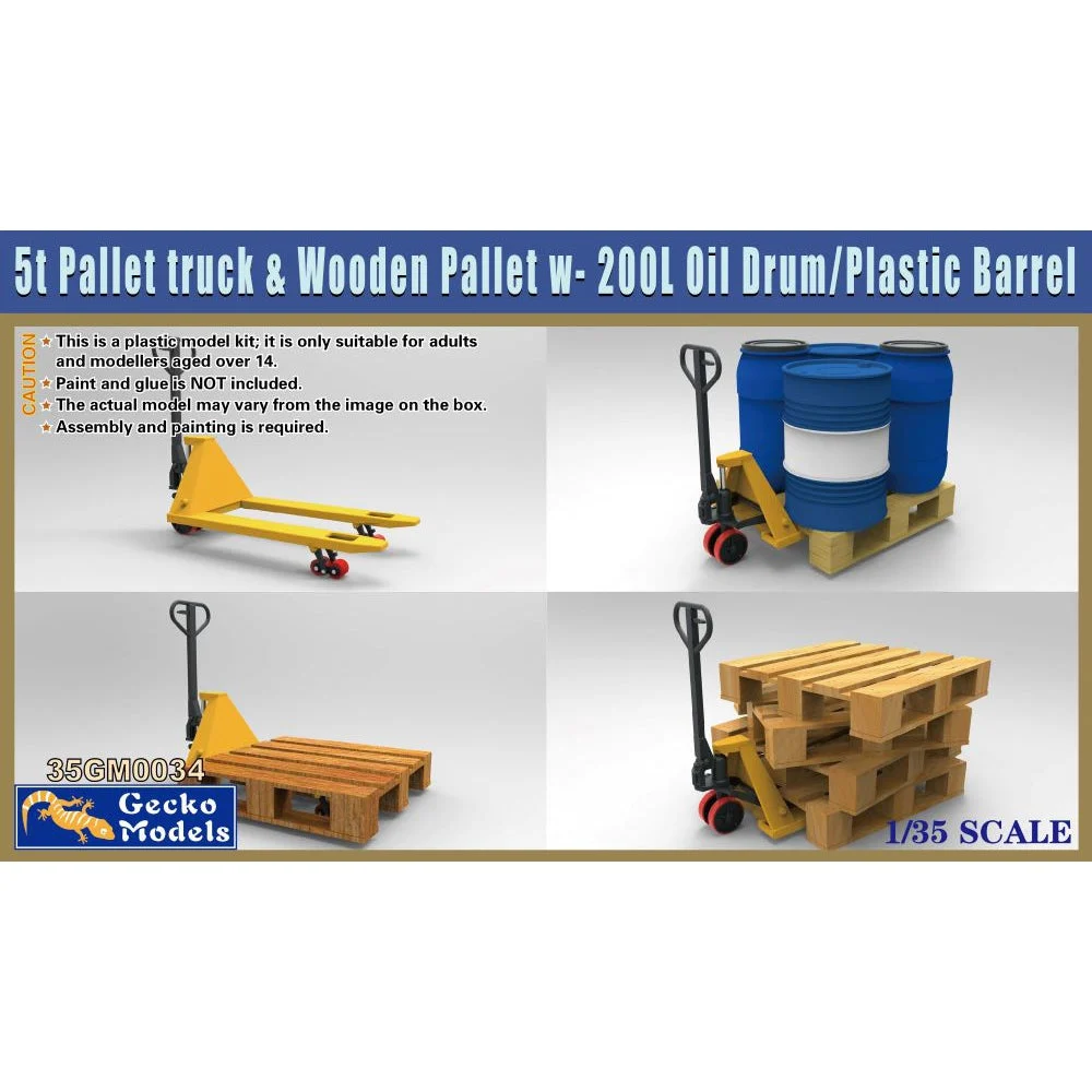 Gecko Models 5t Pallet truck & Wood Pallet w - 200L Oil Drum/Plastic Barrel