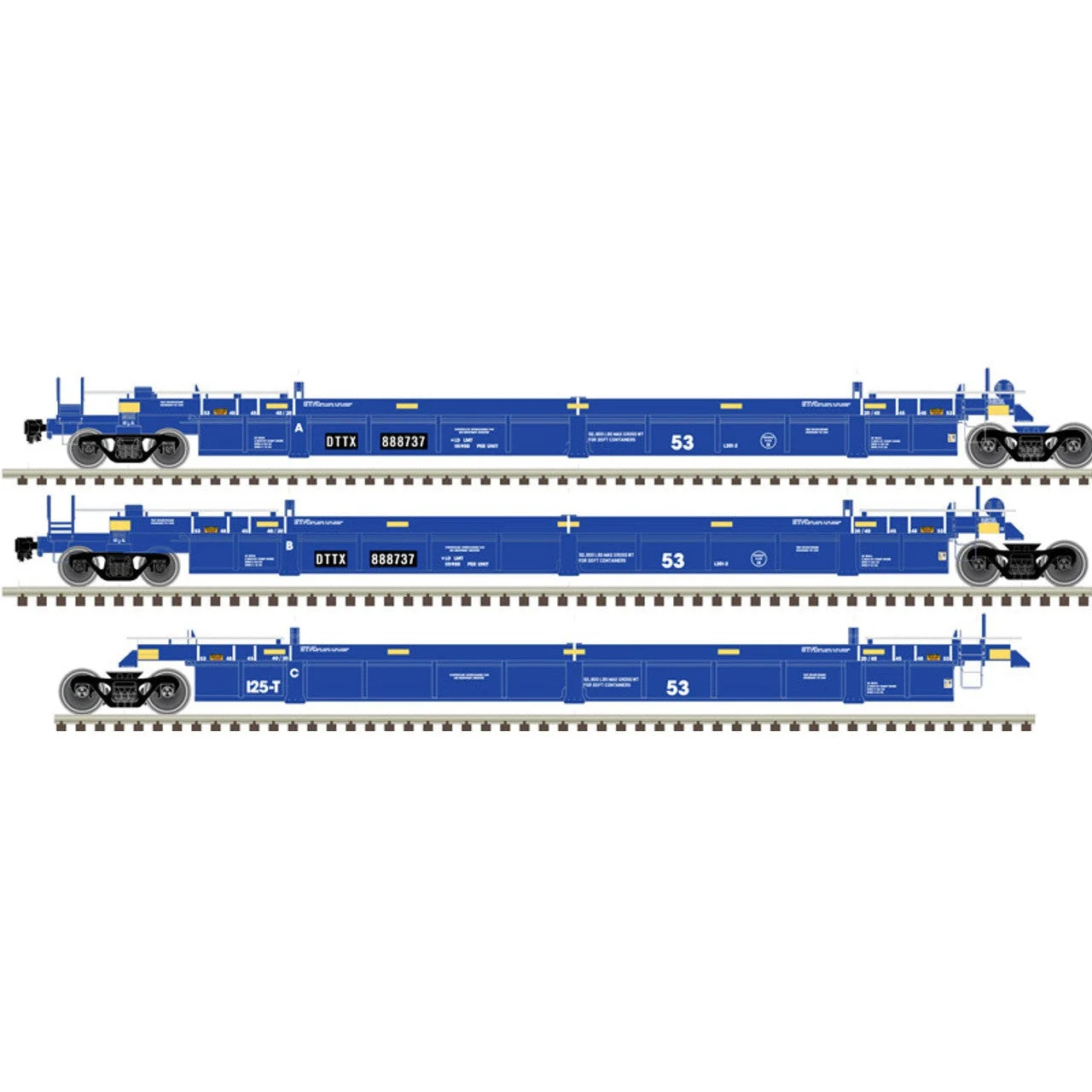 Atlas Master HO Scale Thrall Triple 53' Articulated Well Cars TTX 'Ex-BRAN DTTX Patch' DTTX #888663