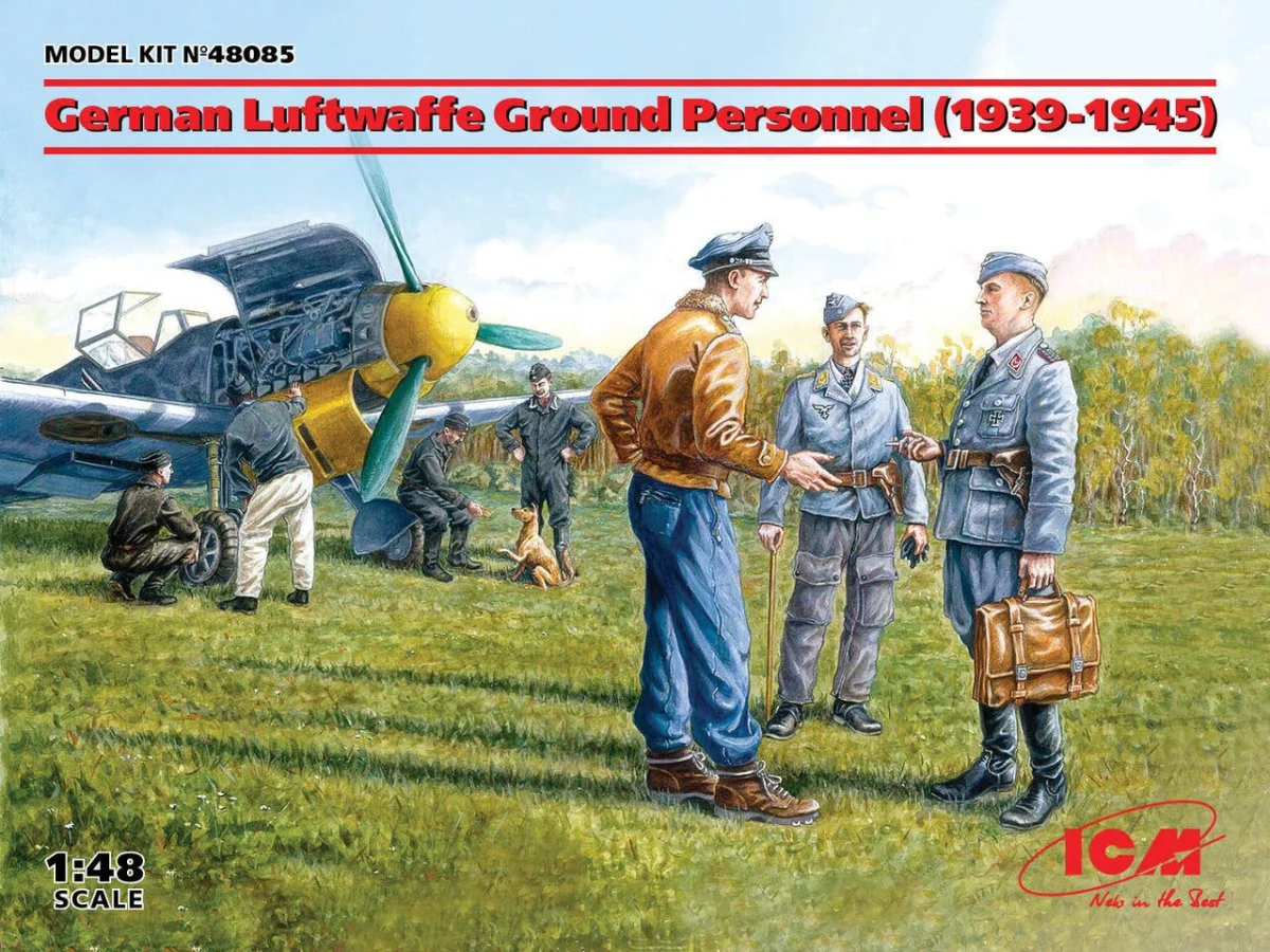 ICM Models 1/48 ICM German Luftwaffe Ground Personnel (1939-1945) (7 figures - staff officer, 2 pilots, 4 mechanics, and dog figure)
