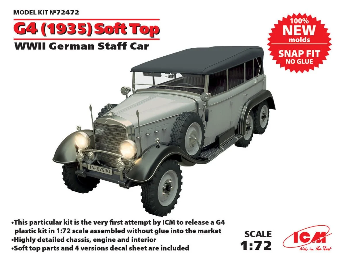 ICM Models 1/72 ICM G4 (1935 production) Soft Top, WWII German Staff Car, snap fit/no glue