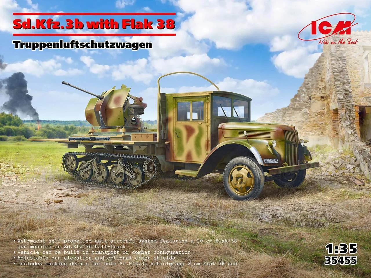 ICM Models 1/35 ICM Sd.Kfz.3b with Flak 38 AA Gun Plastic Model Kit