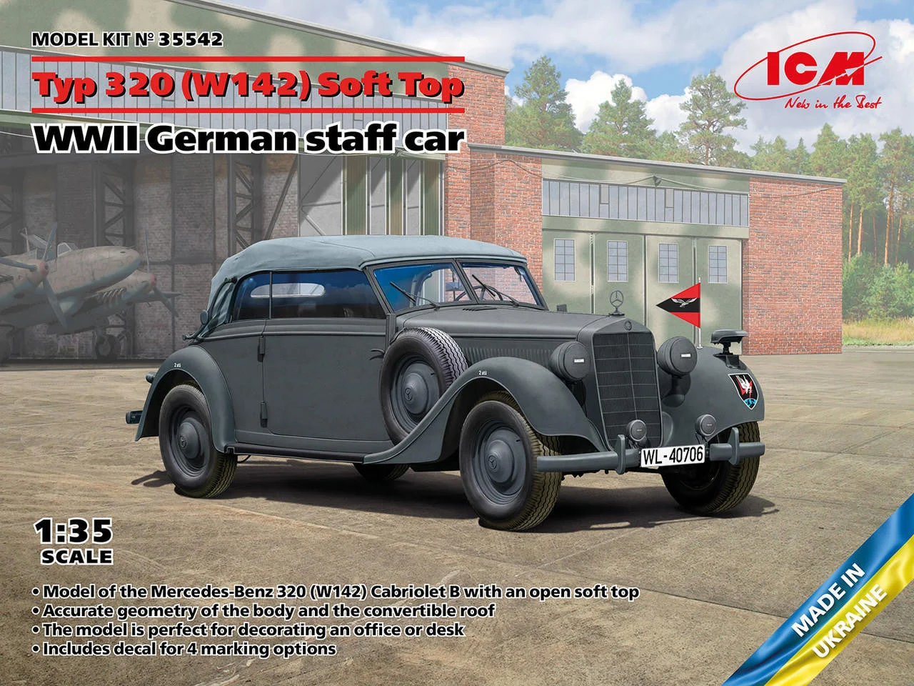 ICM Models 1/35 Type 320 W142 Cabriolet Soft Top WWII German Staff Car Plastic Model Kit