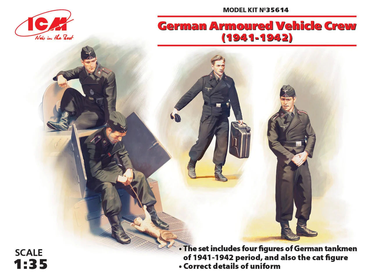 ICM Models 1/35 ICM German Armoured Vehicle Crew (1941-1942) (4 figures and cat)