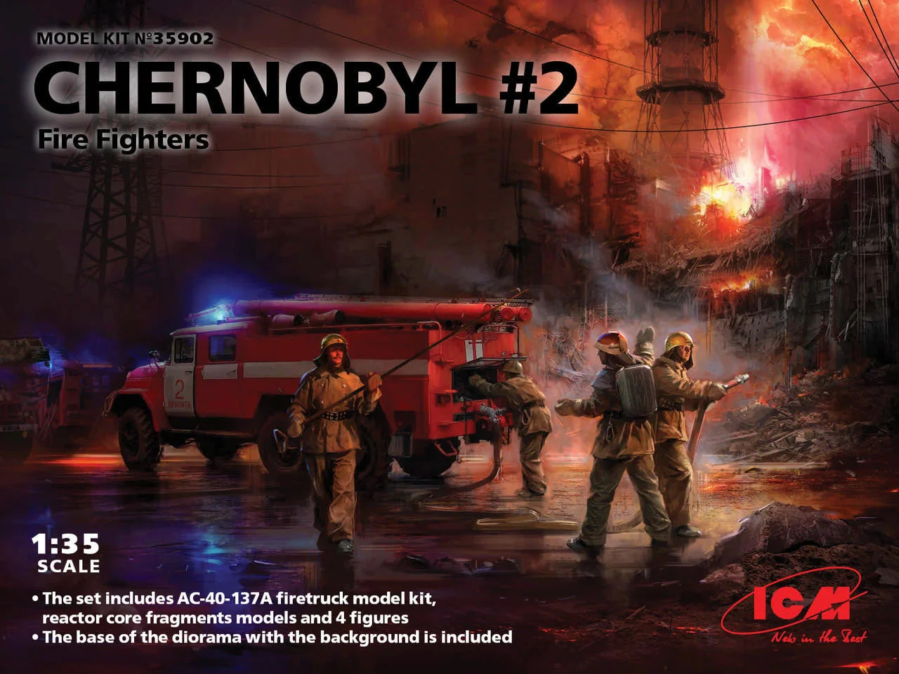 ICM Models 1/35 Chernobyl#2. Fire Fighters (AC-40-137A firetruck & 4 figures & diorama base with background)