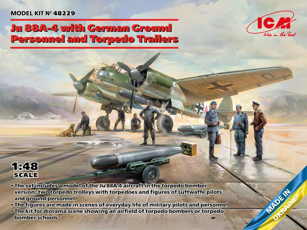 ICM Models 1/48 Ju 88A-4 with German Ground Personnel and Torpedo Trailers