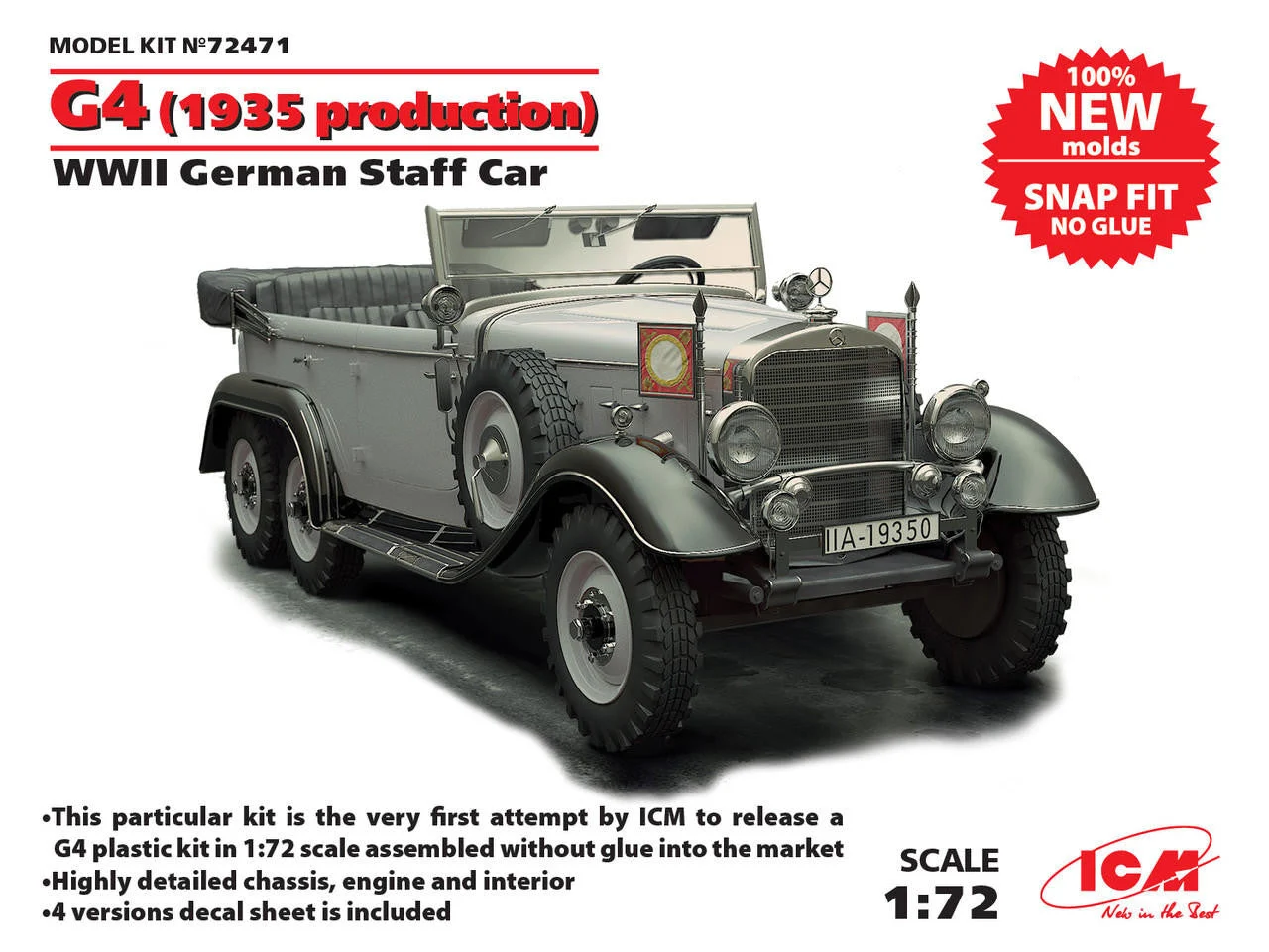 ICM Models 1/72 ICM G4 (1935 production), WWII German Staff Car, snap fit/no glue
