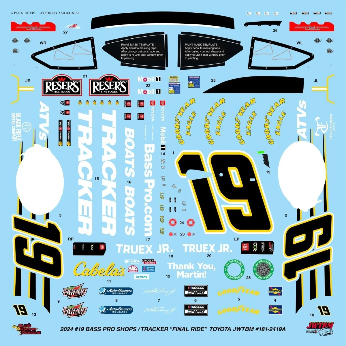 JWTBM 2024 #19 Bass Pro Shops / Tracker "Final Ride" Toyota Decal Set - JWTBM181-2419