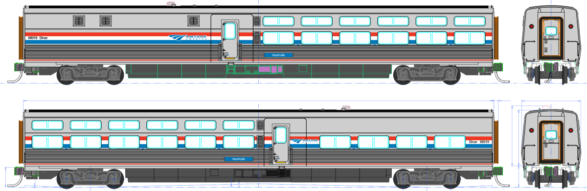 Kato HO Scale Amtrak Viewliner II Diner Phase III #68019 Nashville w/Pre-Installed Interior Lights