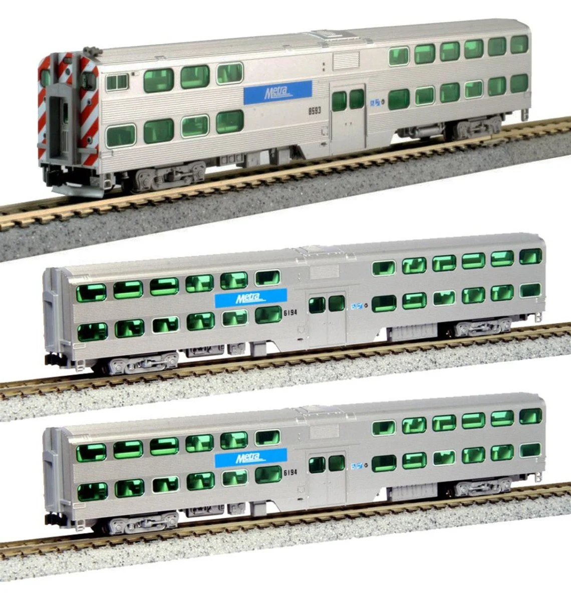 Kato N Scale Gallery Bi-Level 3 Car Set, Chicago Metra / Sound - 106-8703-S
