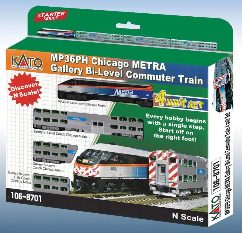 Kato N Scale MP36PH Chicago Metra Gallery Bi-Level Commuter Train 4 units w/ Sound and Lighting - 106-8701-S-1