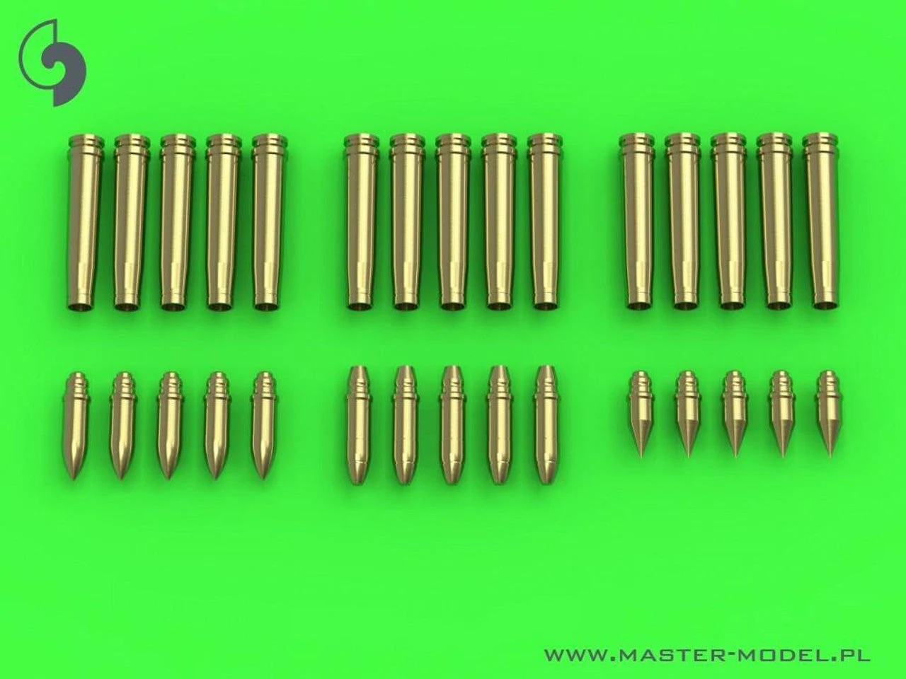 Master Model 1/35 Model German 2cm ammunition (cal. 20x138B) for Flak 30/38 KwK 30/38 - shells (15pcs) and 3 types of projectiles (5pcs of each type)