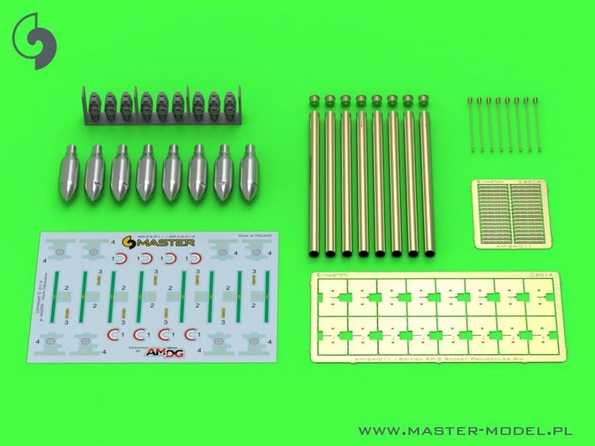 Master Model 1/24 Master Model British 3in Rocket RP-3 with 60LB SAP heads (8pcs) for early Mk I rail used on Typhoon Mosquito Beaufighter Hurricane etc.