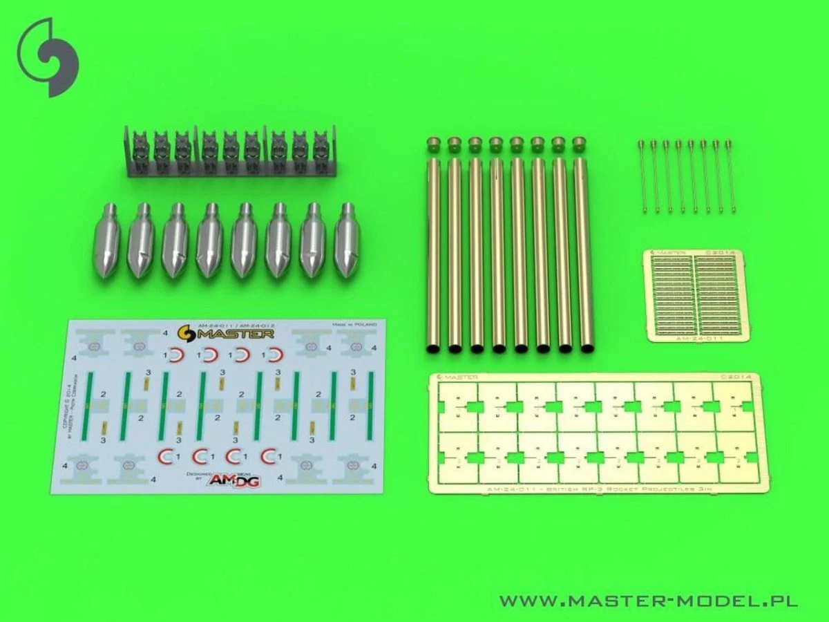 Master Model 1/24 Master Model British 3in Rocket RP-3 with 60LB SAP heads (8pcs) for late Mk III rail used on Typhoon Mosquito Beaufighter Hurricane etc.
