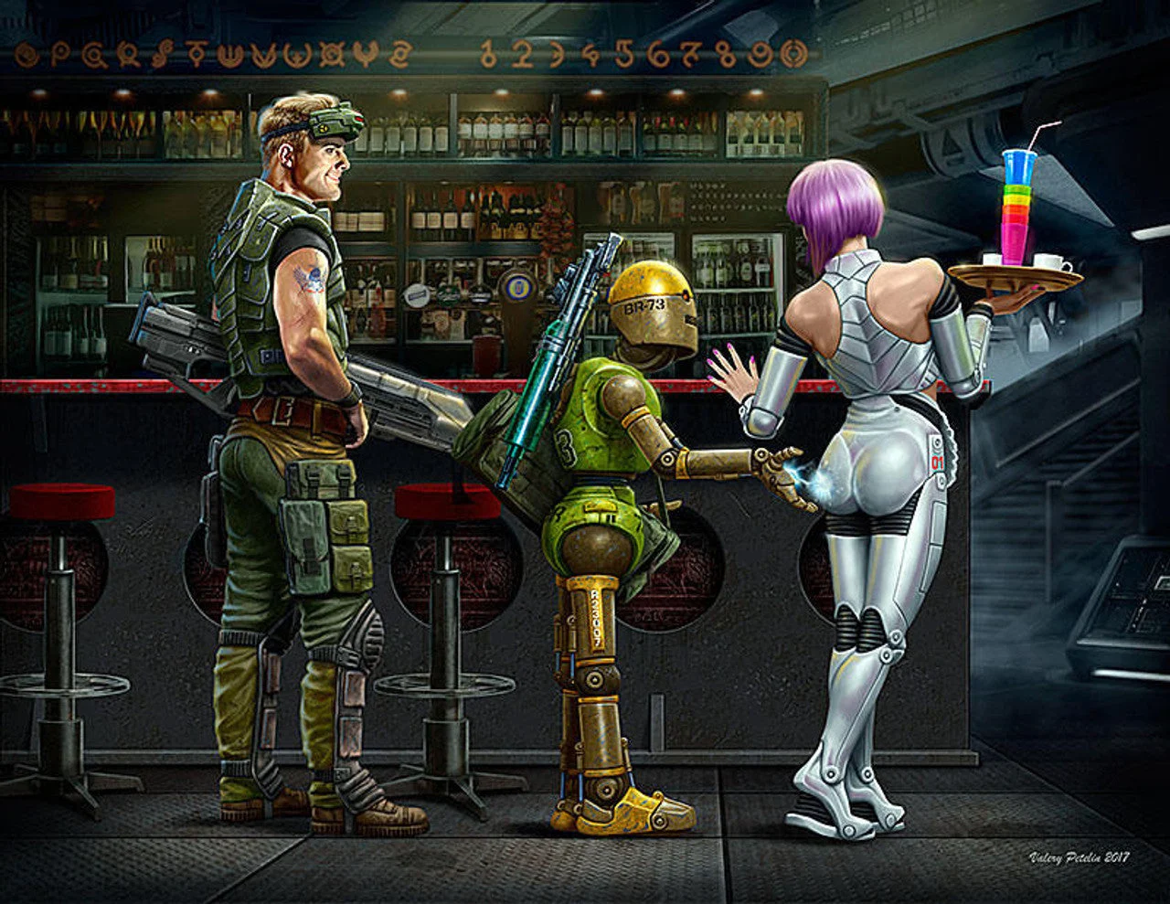Master Box LTD 1/24 Box At the Edge of the Universe Space Mercenary w/Heavy Gun Robot & Android Waitress Holding tray/drinks