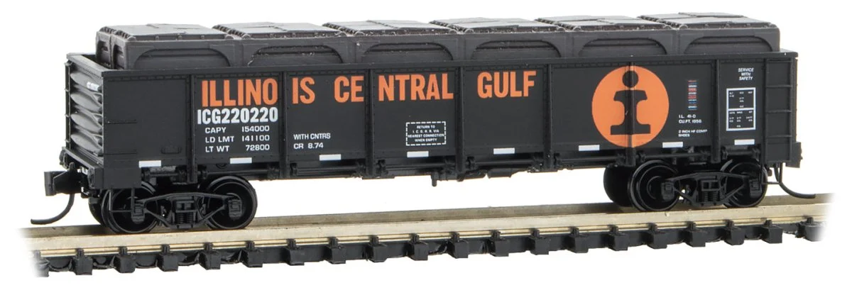 Micro Trains Line N Illinois Central Gulf Drop Bottom Gondola with Container Load RD# 220220