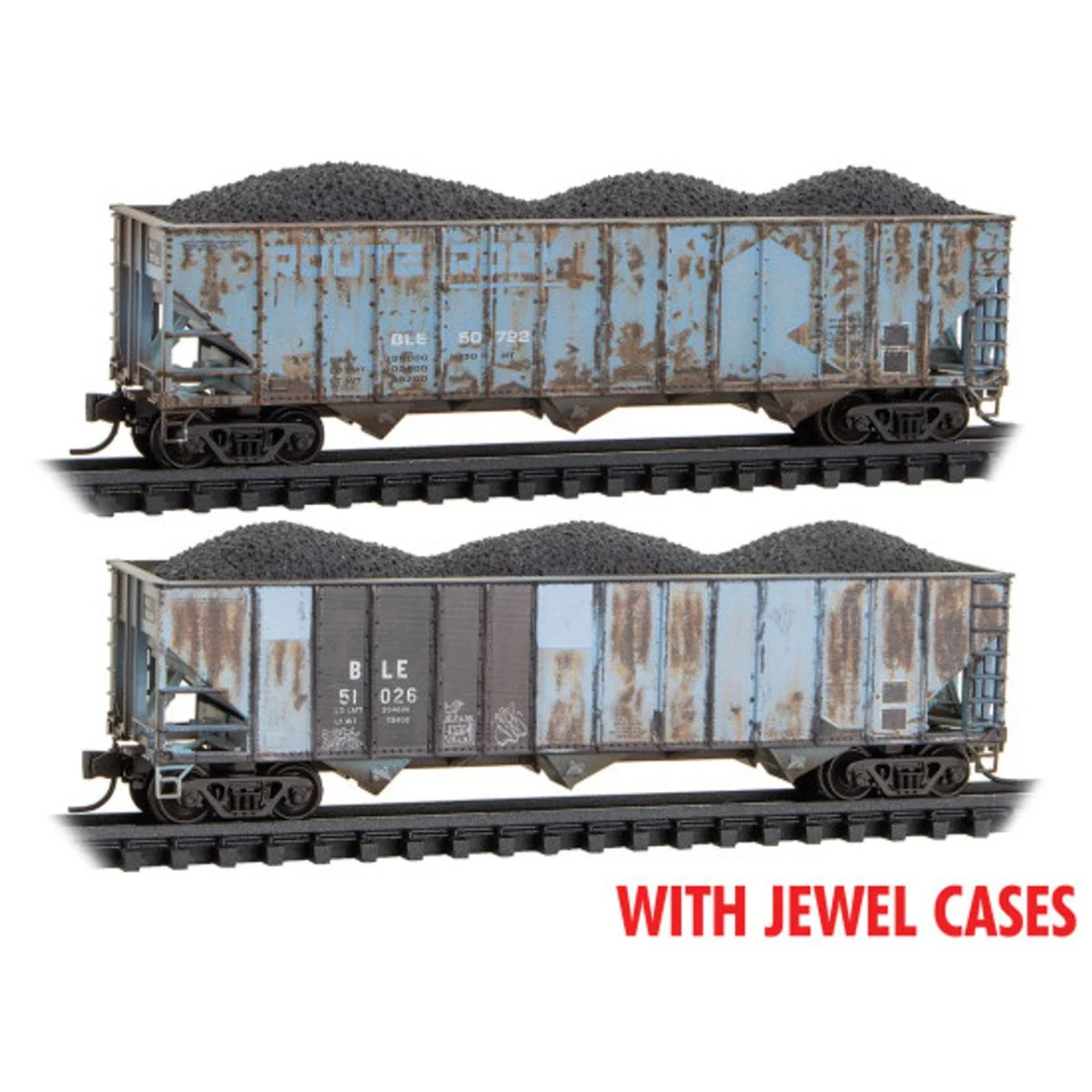 Micro Trains N Bessemer & Lake Erie/ ex-Rock Island Weathered 2-Bay Hopper 2-Pack RD# BLE 50722, 51025
