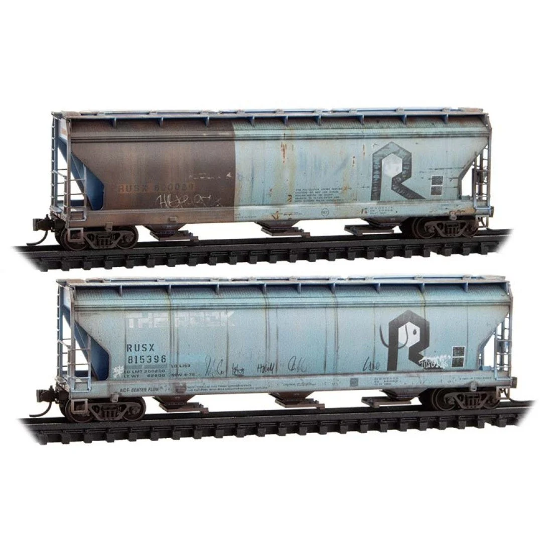 Micro Trains N First Union Rail Leasing ex-Rock Island Weathered 3-Bay Covered Hopper 2-Pack RD# RUSX 800089, 185396 | 98305100