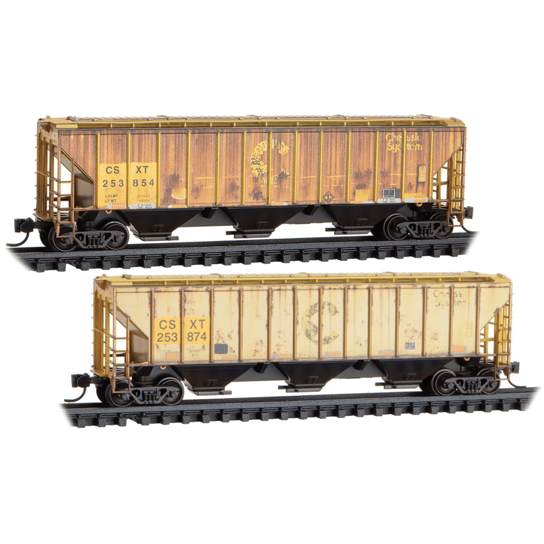 Micro Trains N Scale CSX Weathered 3-Bay Covered Hopper 2-Pack JEWEL Case RD# 253854, 253874