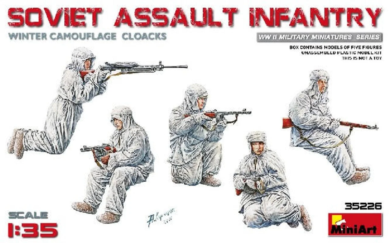 Miniart 1/35 WWII Soviet Assault Infantry in Winter Camouflage Cloaks (5) w/Guns