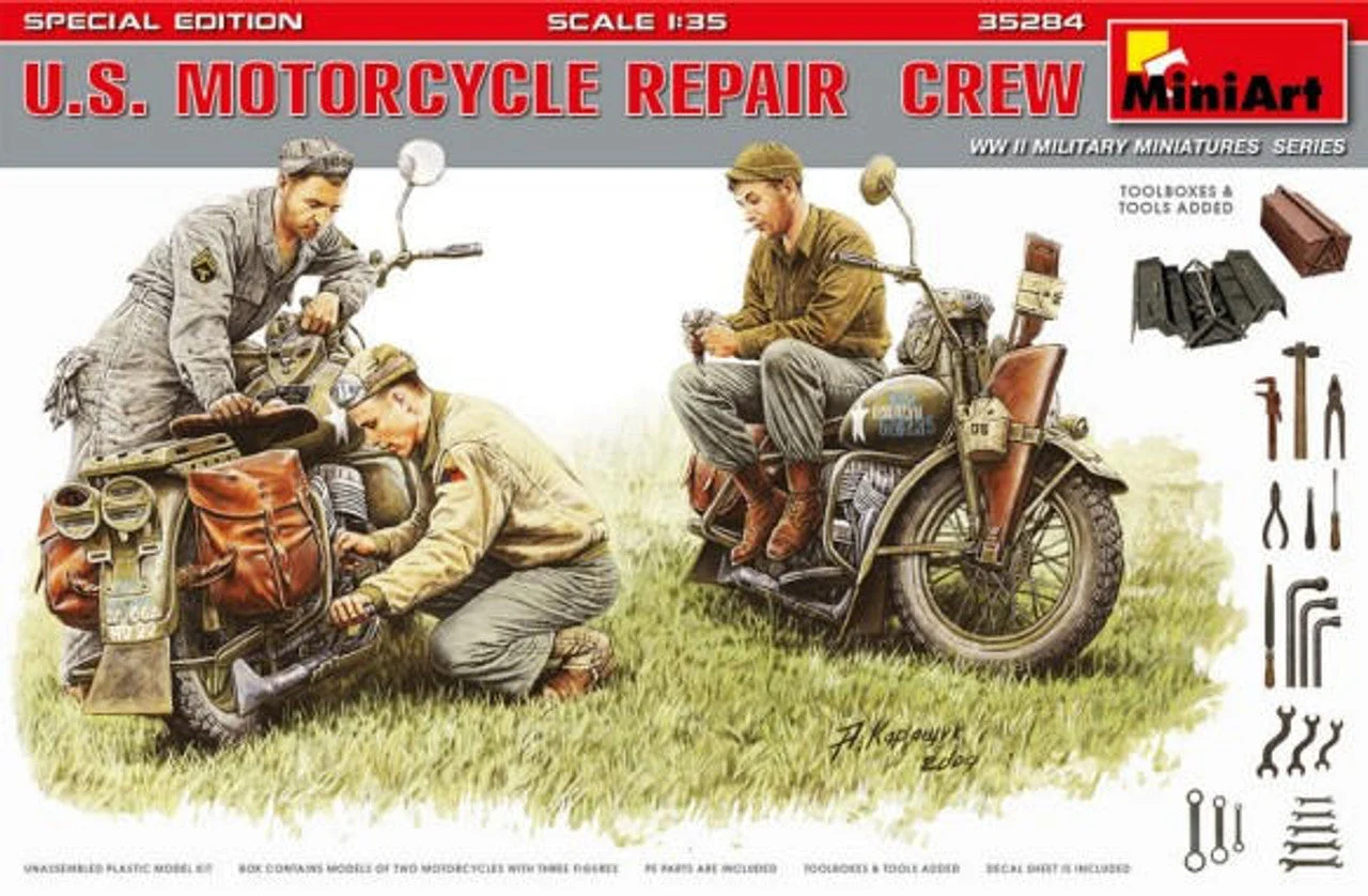 Miniart 1/35 WWII US Motorcycle Repair Crew (3) w/2 Motorcycles, Tools & Boxes (Special Edition)