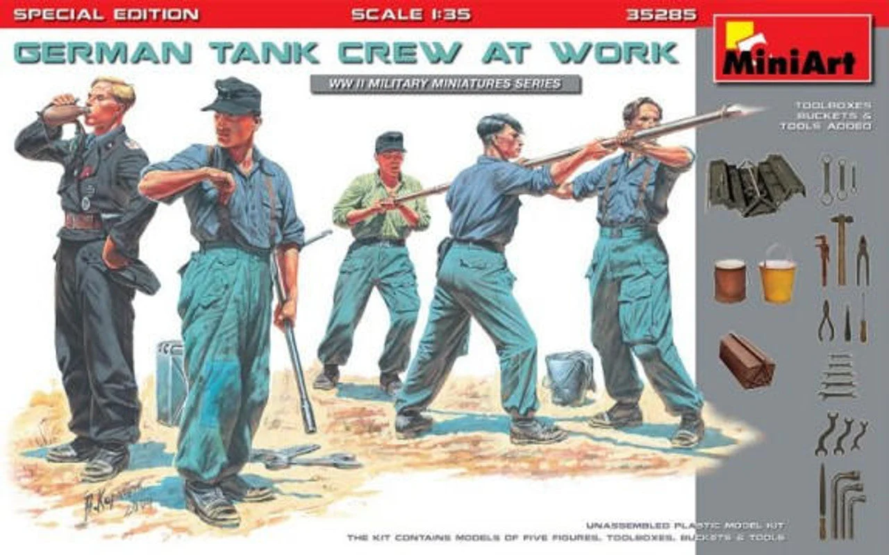 Miniart 1/35 German Tank Crew at Work (5) w/Tools & Boxes (Special Edition)