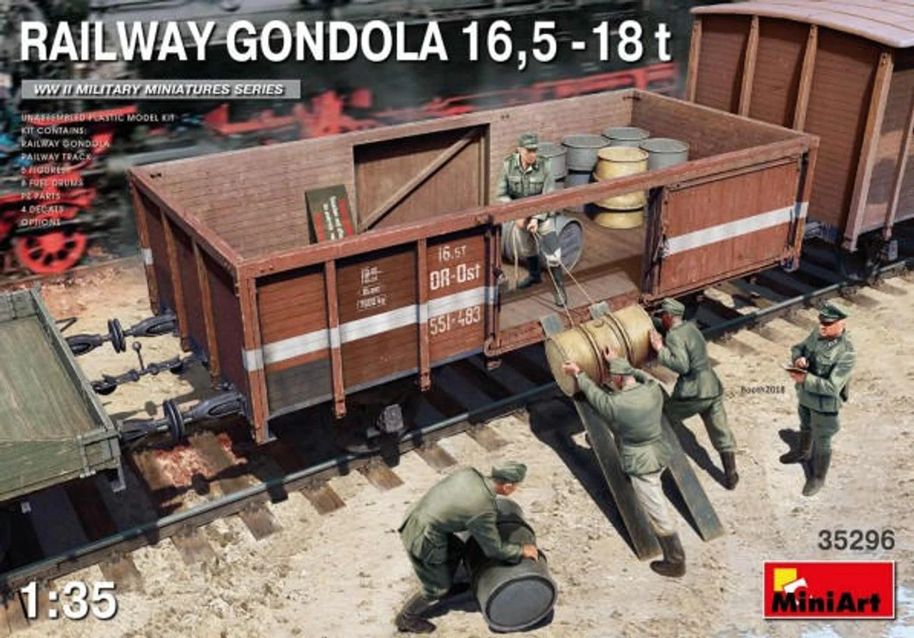 Miniart 1/35 Miniart WWII 16.5 18-Ton Railway Gondola w/Figures (5) & Fuel Drums (8)