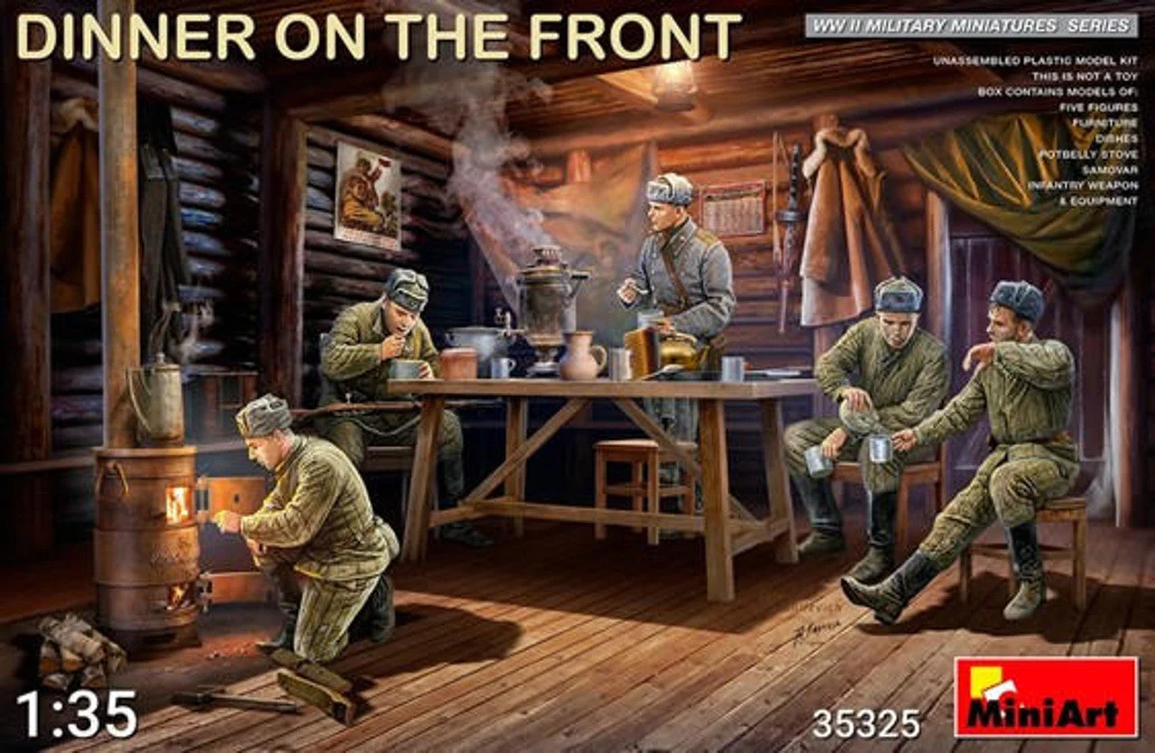 Miniart 1/35 Dinner on the Front: Soviet Soldiers (5) w/Furniture & Accessories
