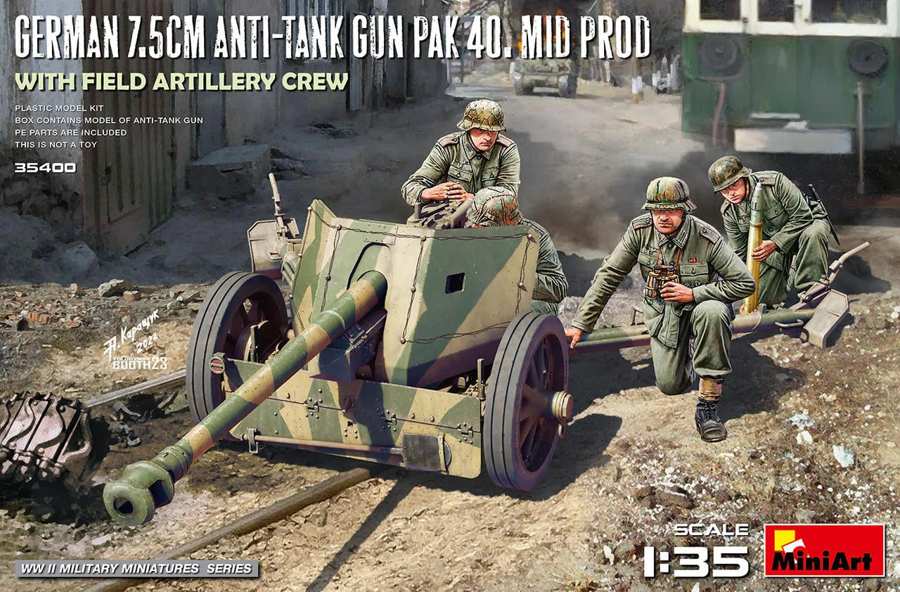 Miniart 1/35 Minart GERMAN 7.5CM ANTI-TANK GUN PAK 40. MID PROD. WITH FIELD ARTILLERY CREW