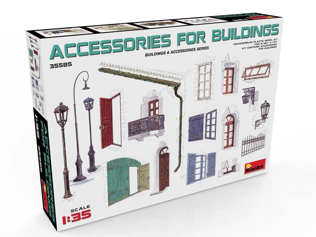 Miniart 1/35 Miniart Accessories for Buildings: Gutter, Fence, Various Doors, Windows & Lamp Posts