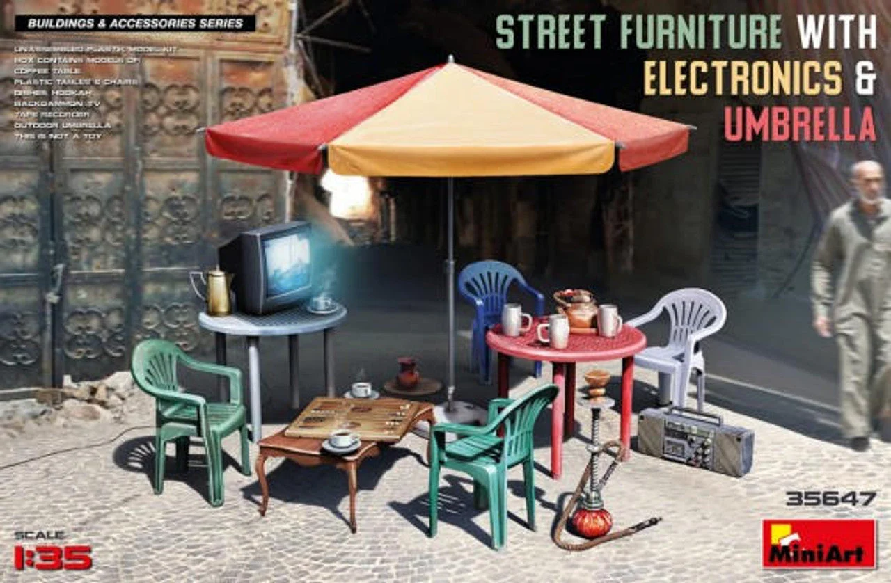 Miniart 1/35 Miniart Street Furniture w/Electronics, Umbrella & Accessories