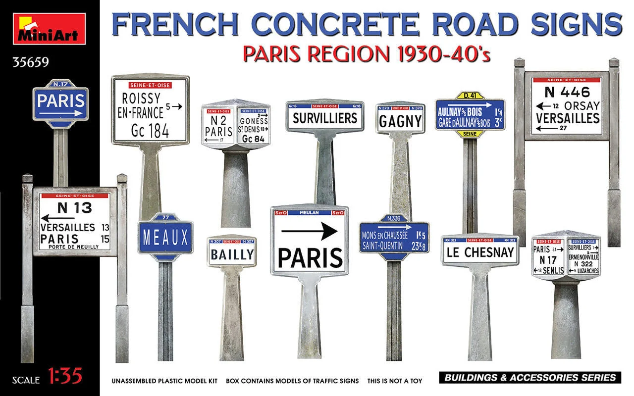 Miniart 1/35 Miniart French Concrete Road Signs Paris 9130-1940's