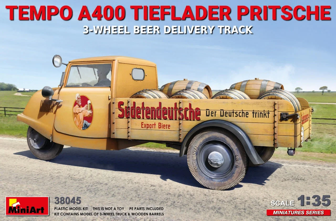 Miniart 1/35 Miniart Tempo A400 Tieflader Pritsche 3-Wheel Beer Delivery Truck