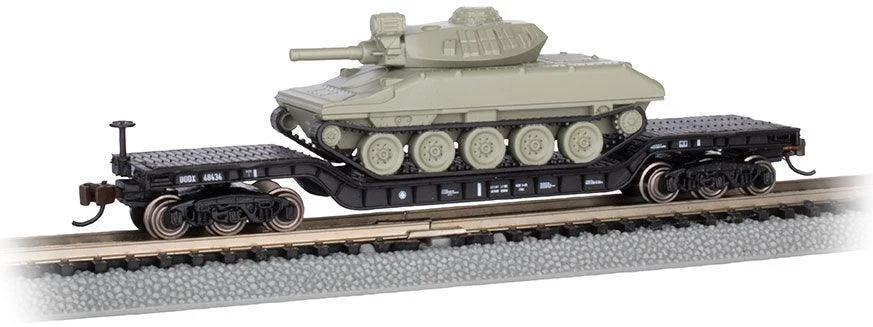 N Bachmann 52' Center-Depressed Flatcar - Black with Green Sheridan Tank 71386