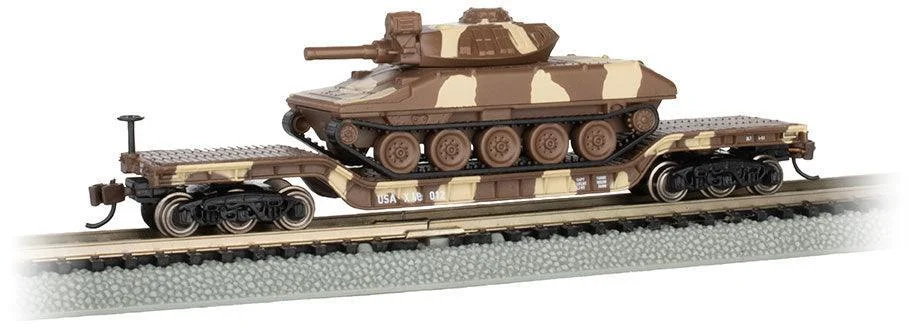 N Bachmann 52' Center-Depressed Flatcar - Desert Camo with Sheridan Tank 71387