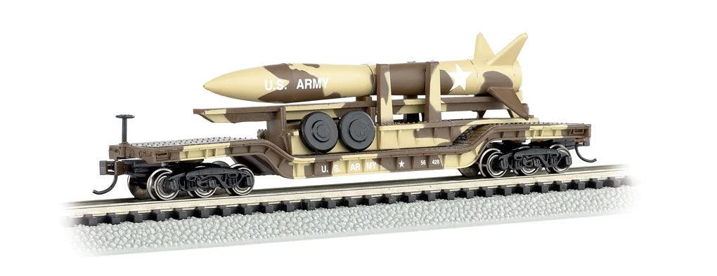 N Bachmann 52' Center-Depressed Flatcar - Desert Military with Missile 71397